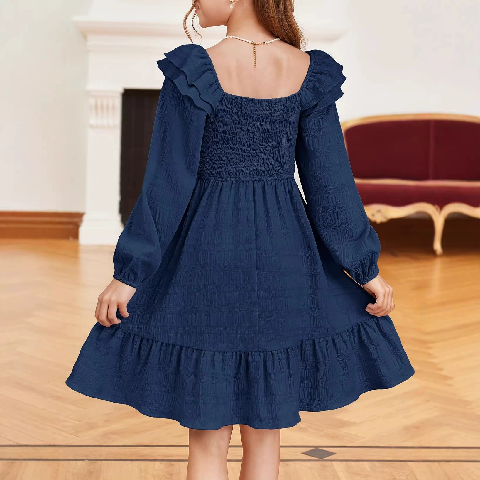 Kids girls short sleeve crew neck smocking embroidery dress