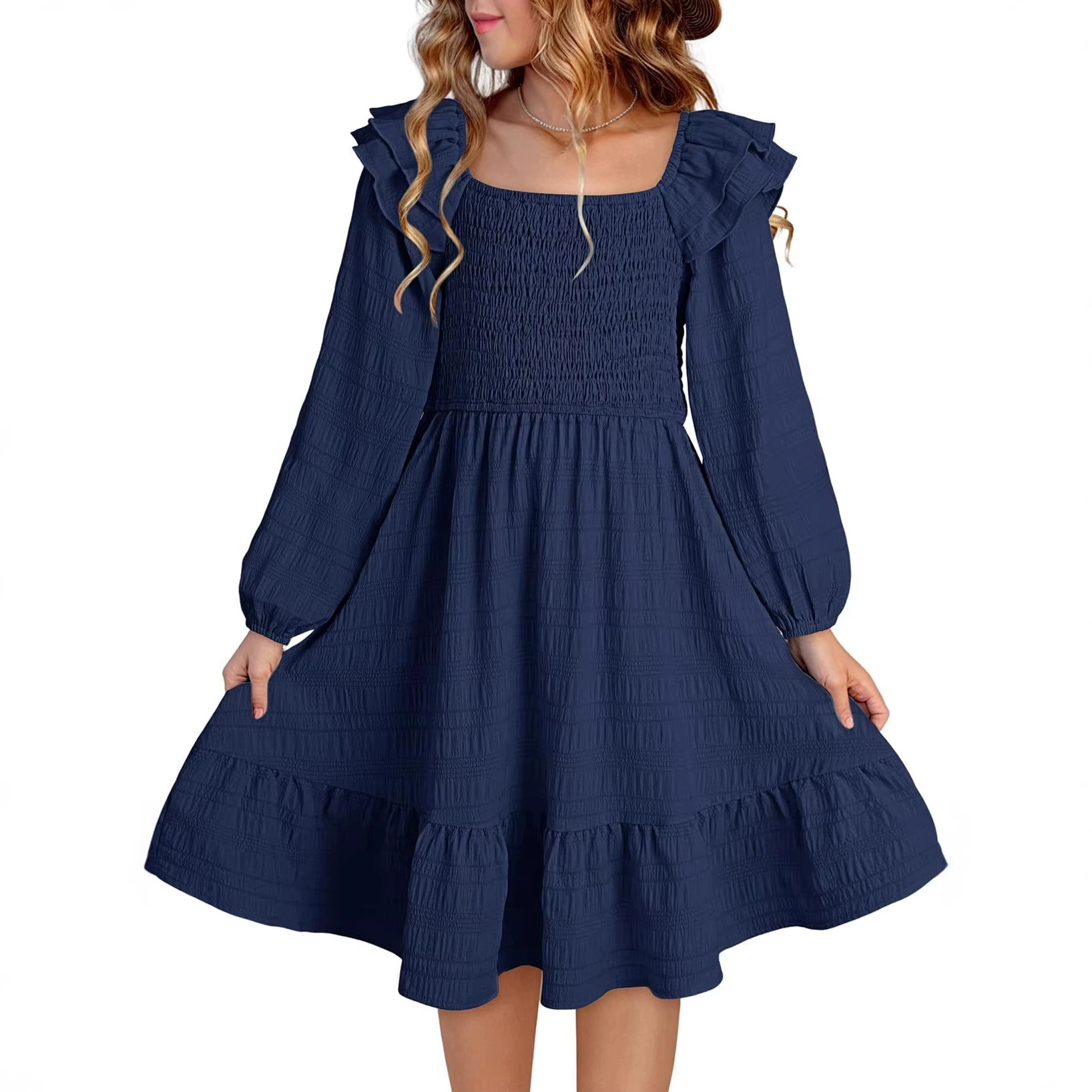 Kids girls short sleeve crew neck smocking embroidery dress