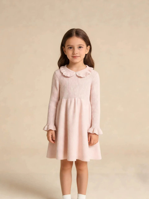 Kids girls short sleeve crew neck smocking embroidery dress