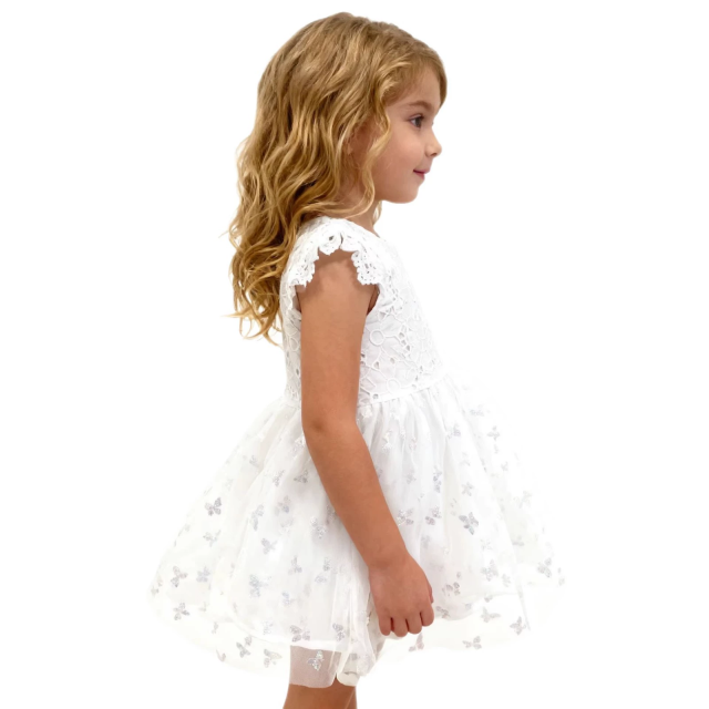 Girls cap sleeve silver butterfly printed mesh solid lace fabric dress