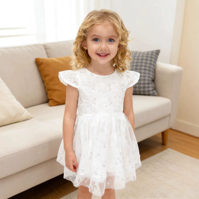 Girls cap sleeve silver butterfly printed mesh solid lace fabric dress