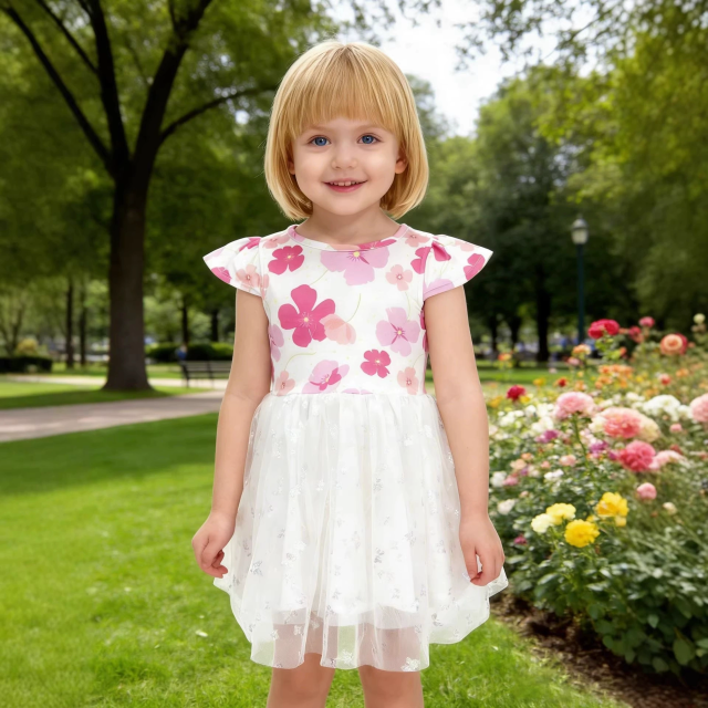 Kids girls silver printed mesh cap sleeve milk silk dress