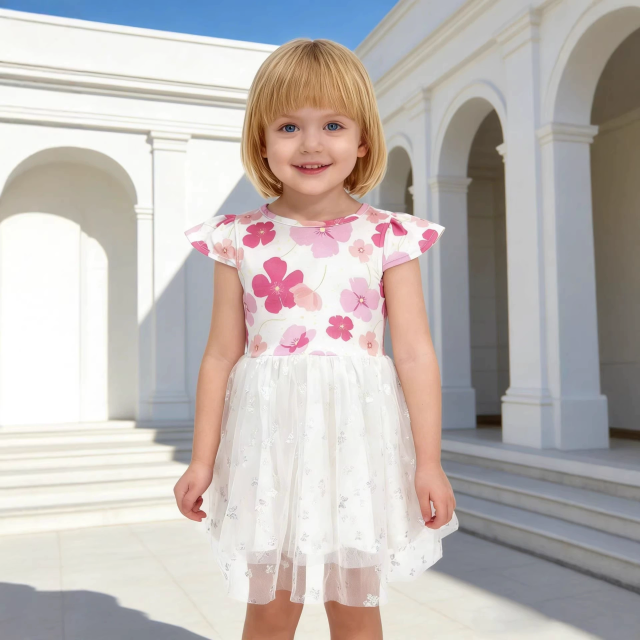 Kids girls silver printed mesh cap sleeve milk silk dress