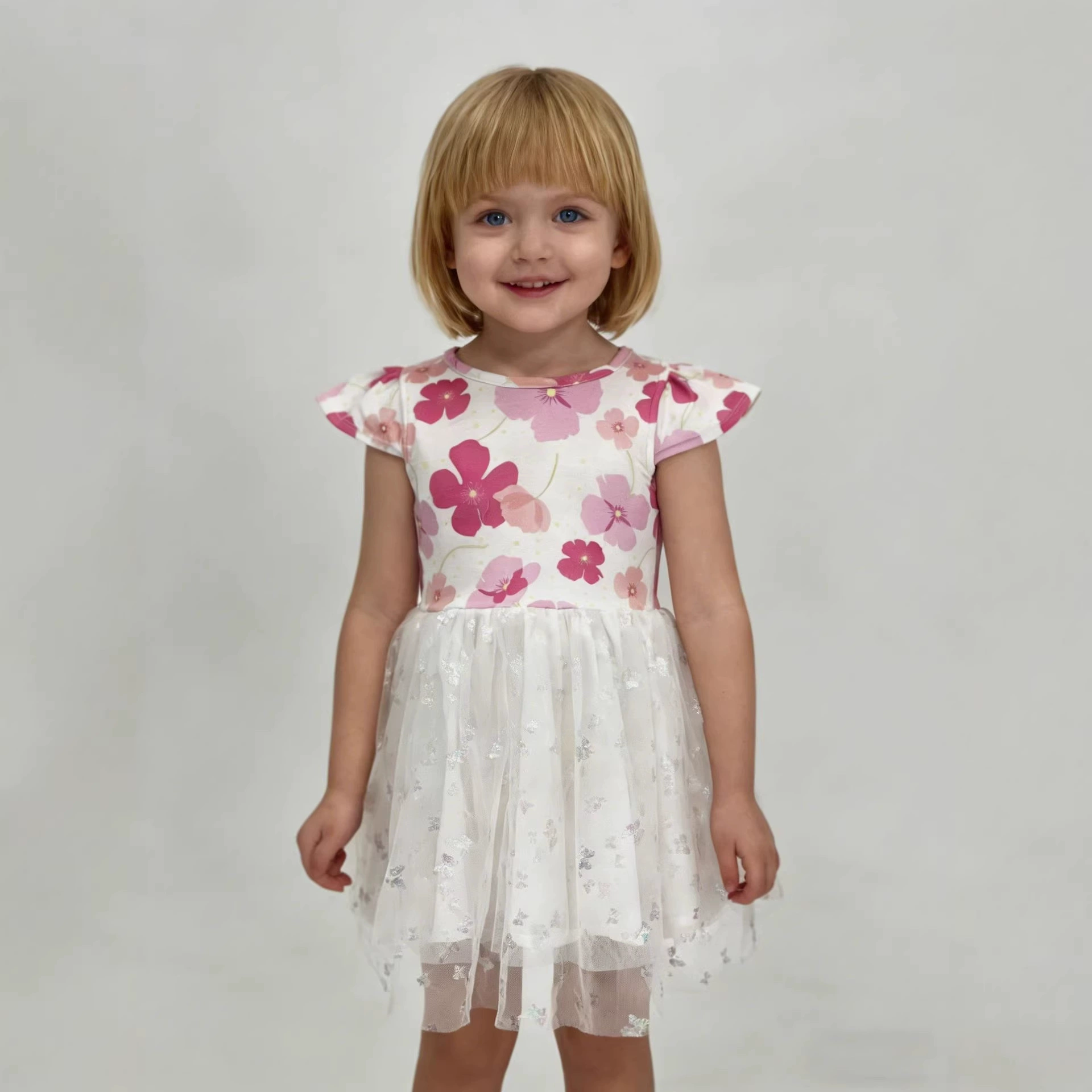 Kids girls silver printed mesh cap sleeve milk silk dress