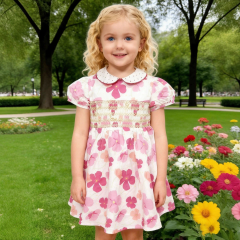 Girls floral printed picot trims collar smocked dress