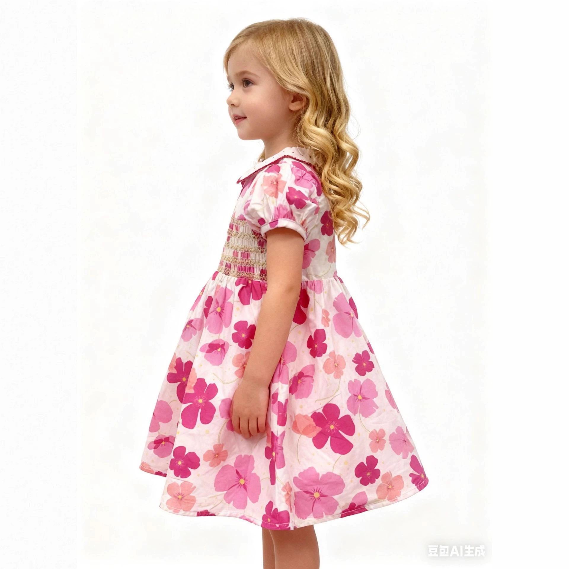 Girls floral printed picot trims collar smocked dress