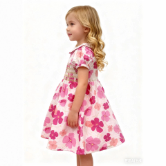 Girls floral printed picot trims collar smocked dress