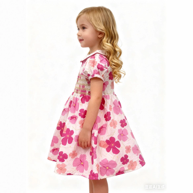 Girls floral printed picot trims collar smocked dress