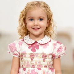 Girls floral printed picot trims collar smocked dress