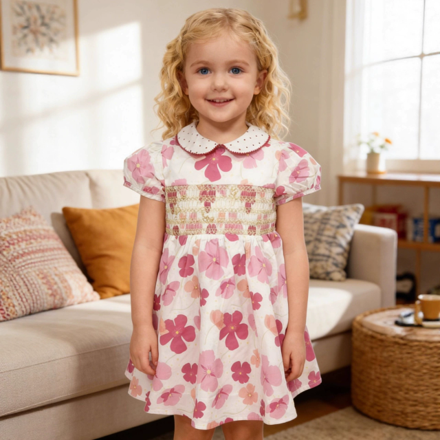 Girls floral printed picot trims collar smocked dress