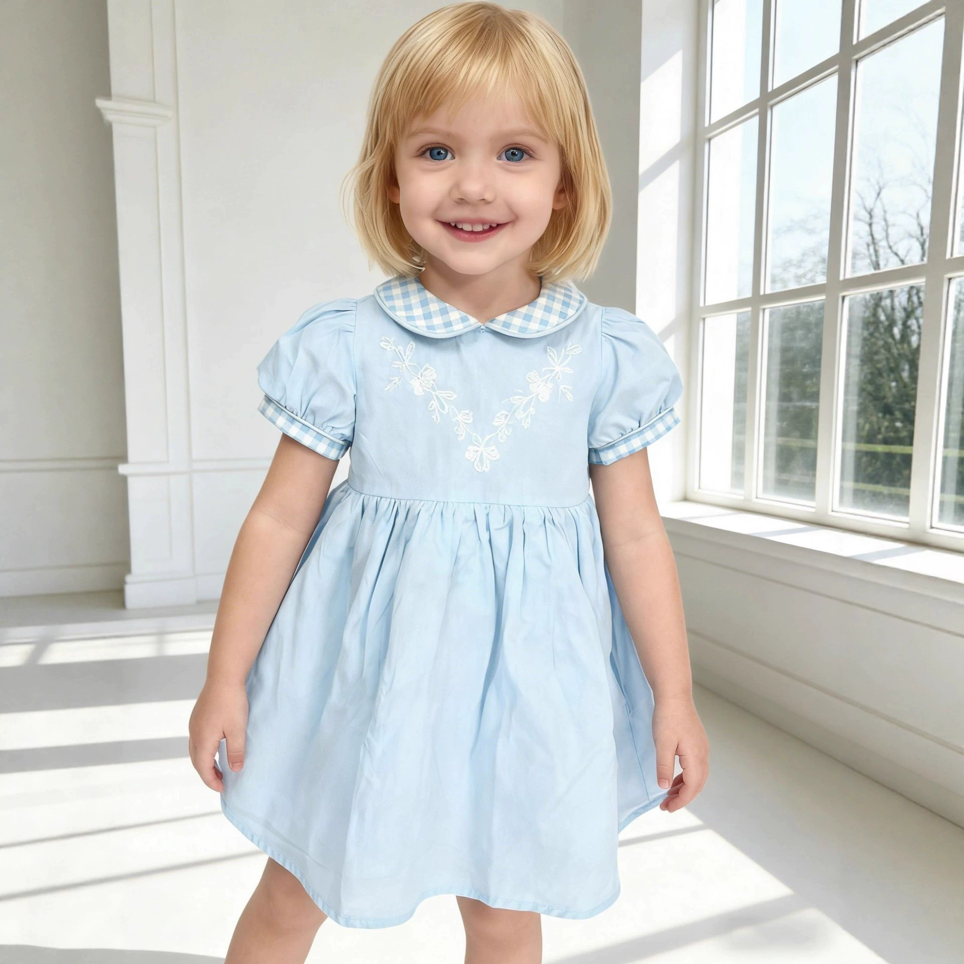 Girls solid casual diamand smocking dress