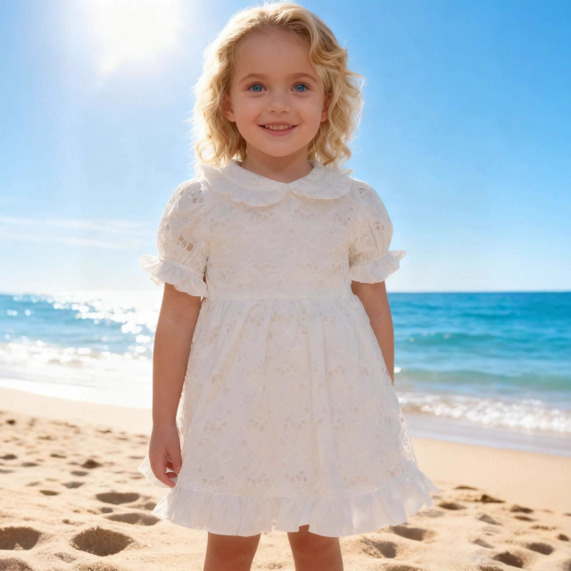 Girls peter pan collar ruffle edges lace fabric dress