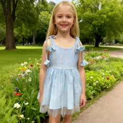 3D floral vertical stripe mesh dress