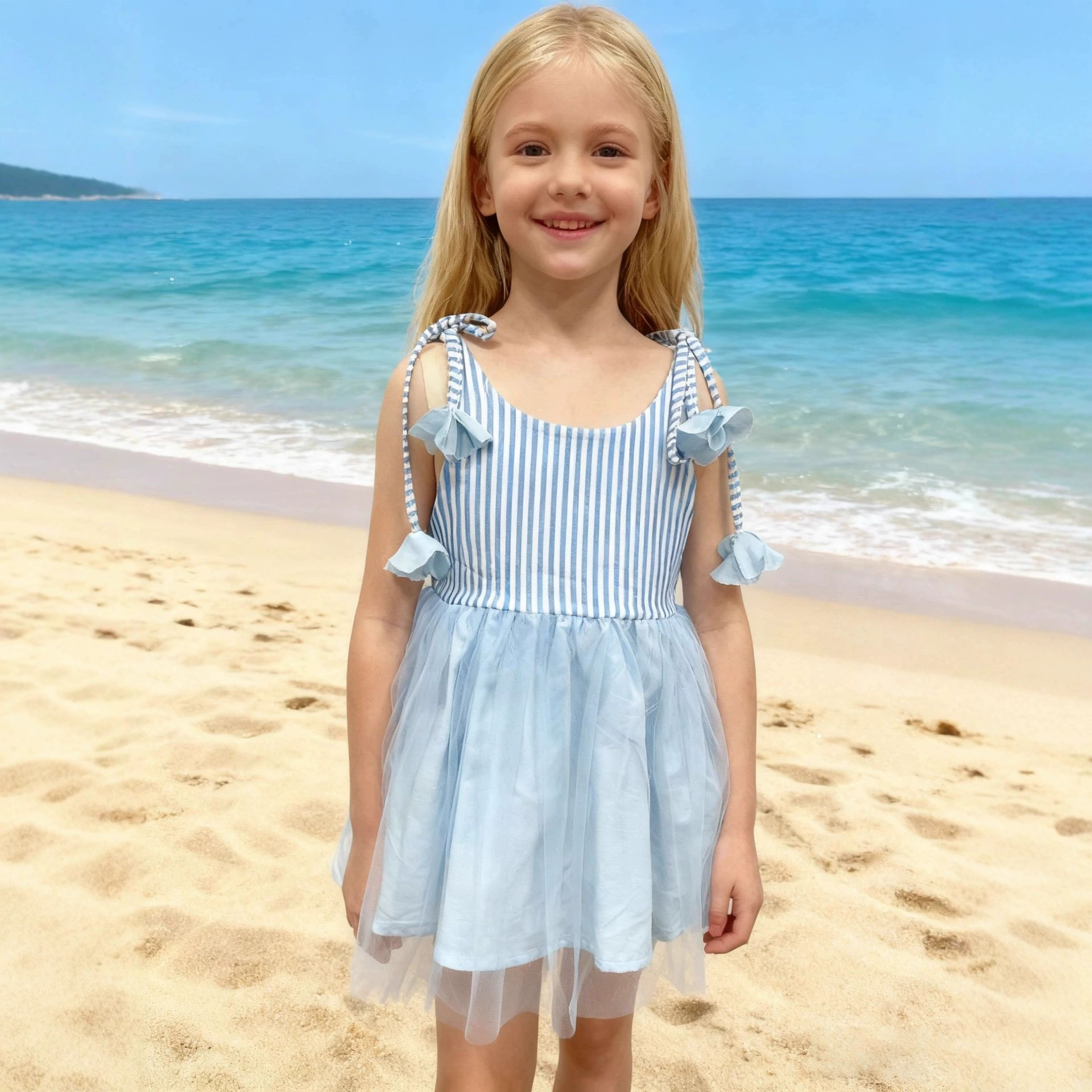 3D floral vertical stripe mesh dress