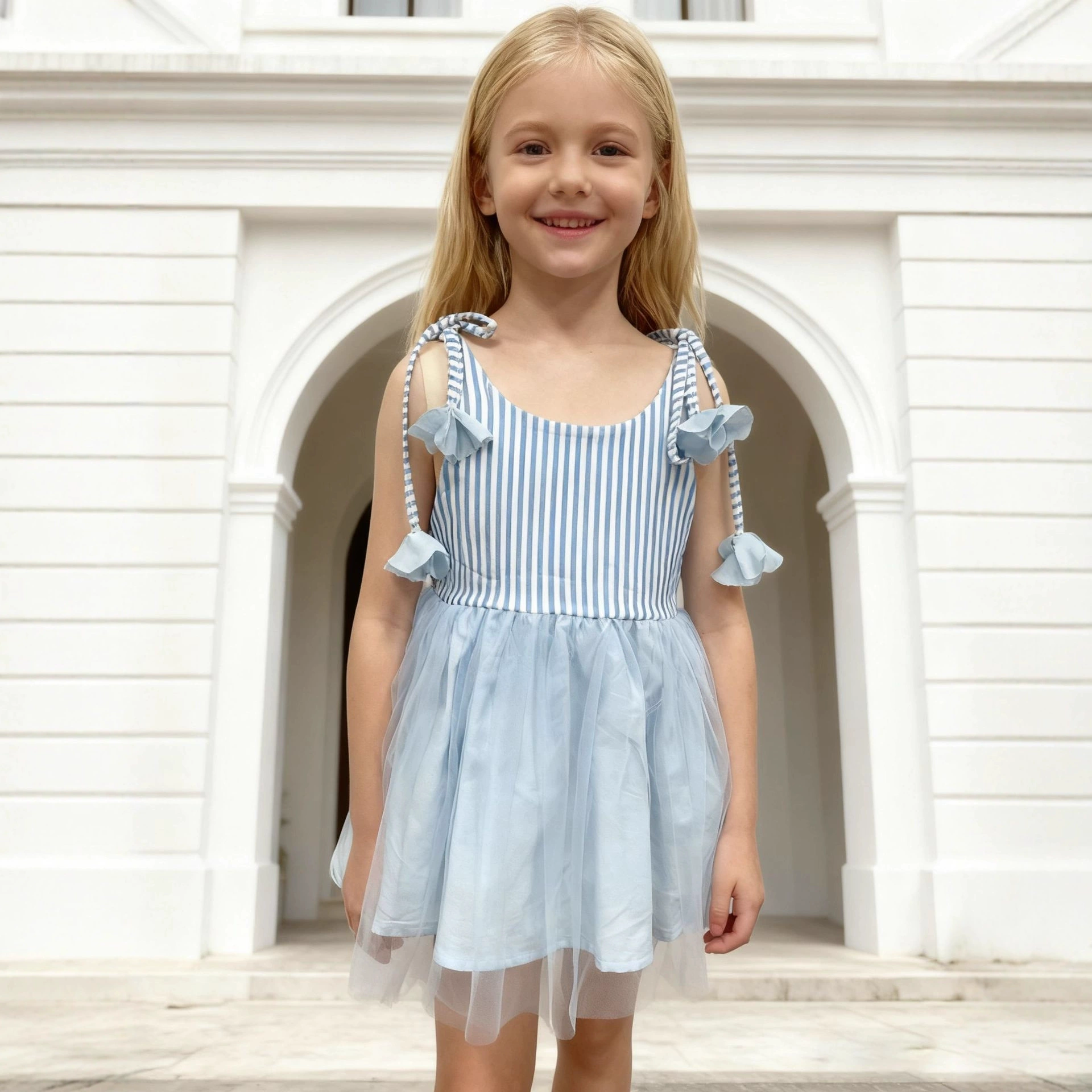 3D floral vertical stripe mesh dress