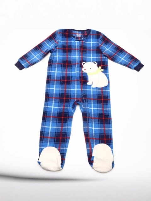 Blue Plaid Polar Bear Micro Fleece Footed Baby Coverall