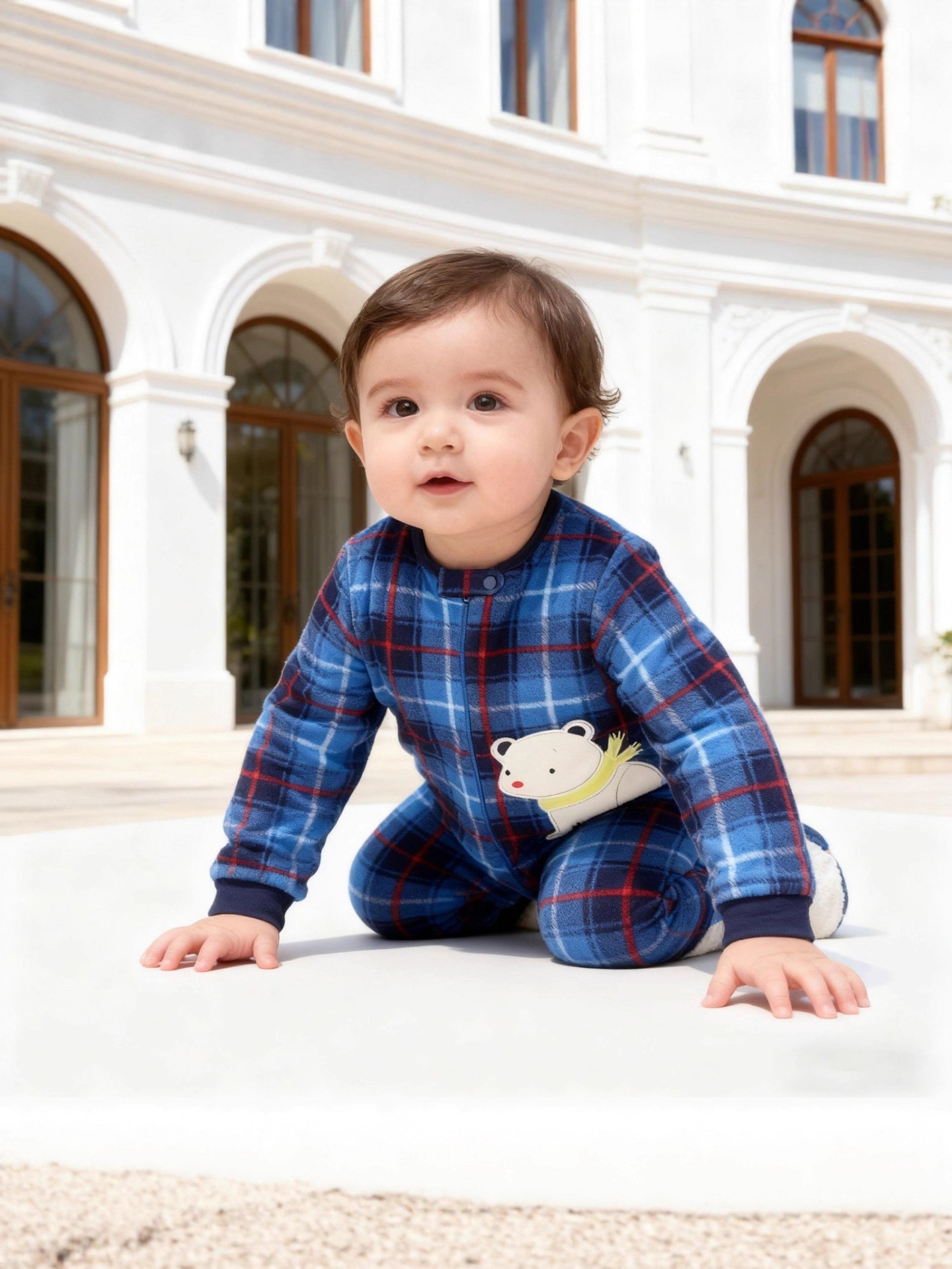 Blue Plaid Polar Bear Micro Fleece Footed Baby Coverall