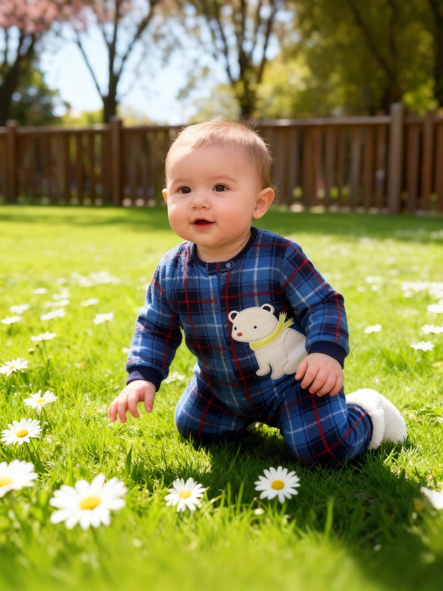 Blue Plaid Polar Bear Micro Fleece Footed Baby Coverall