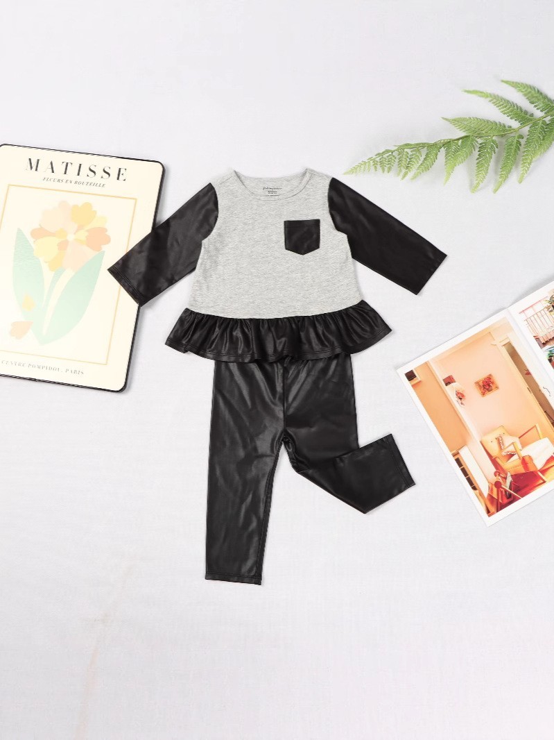 Grey Heather & Faux Leather 2 Piece Girls Outfit Set