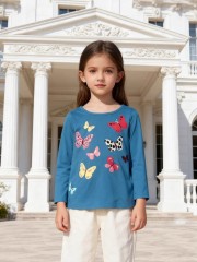 Teal Girls Long Sleeve T-Shirt with Colorful Butterfly Print