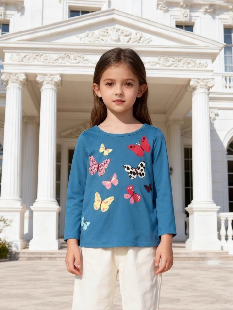 Teal Girls Long Sleeve T-Shirt with Colorful Butterfly Print