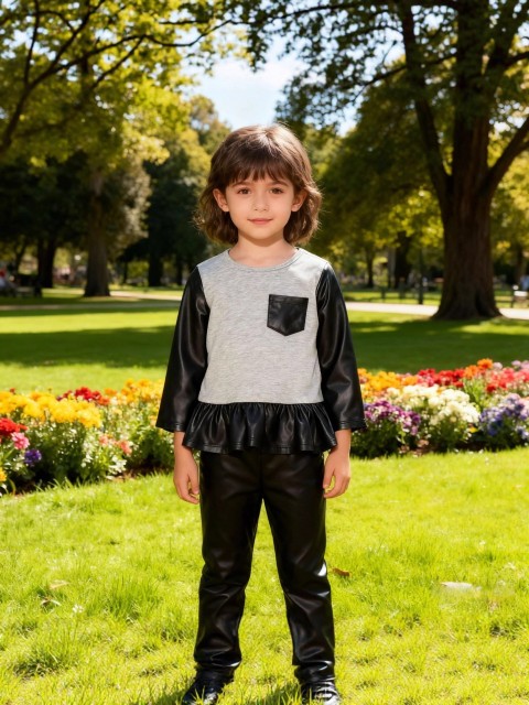 Grey Heather & Faux Leather 2 Piece Girls Outfit Set