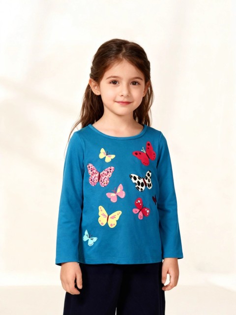 Teal Girls Long Sleeve T-Shirt with Colorful Butterfly Print