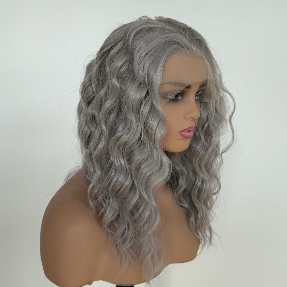 Grey Color Synthetic Wig Natural Curly Transparent Lace Front Wigs