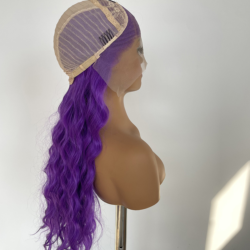 Dark Violet Purple Long Wave Synthetic Lace Wig Heat Resistant Fiber Wig