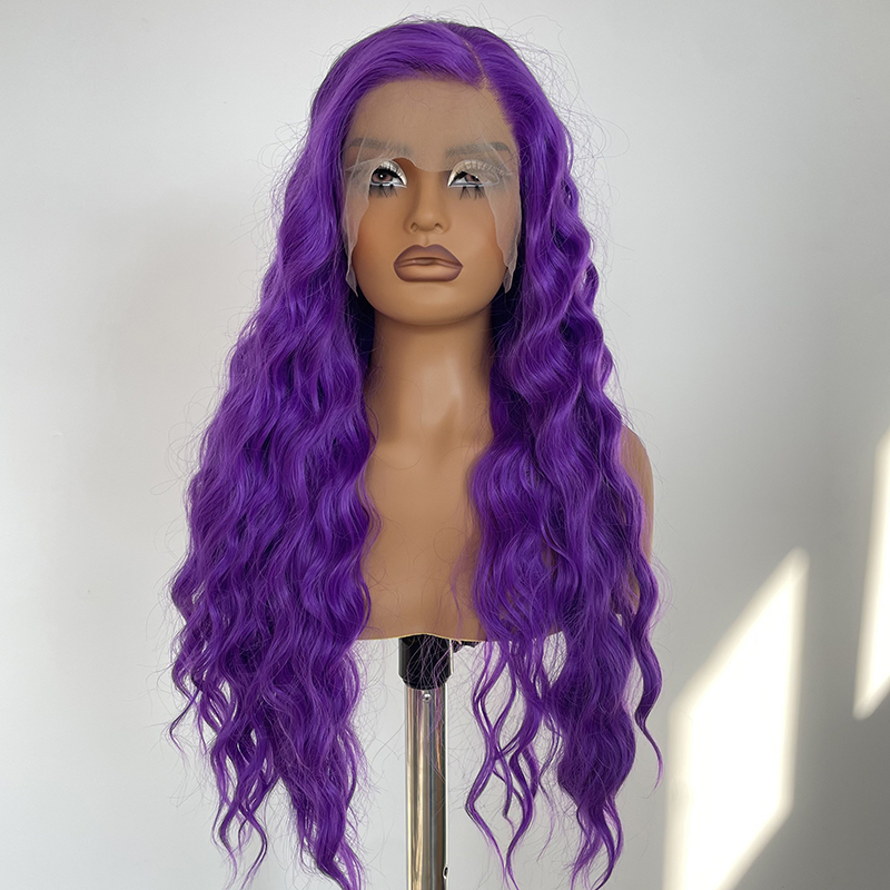 Dark Violet Purple Long Wave Synthetic Lace Wig Heat Resistant Fiber Wig