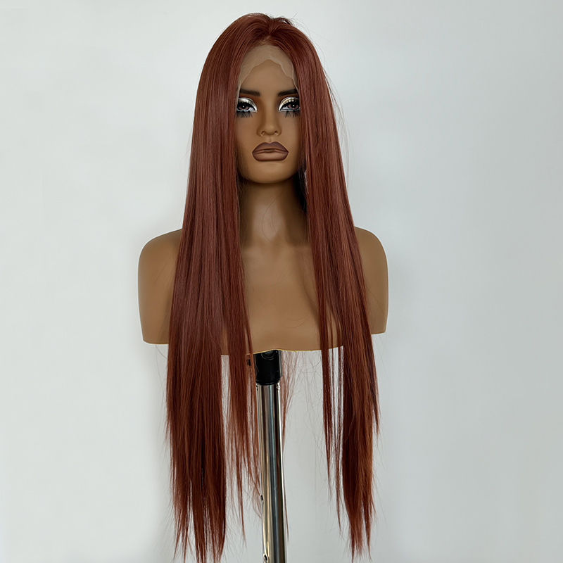 Long Copper Red Wig | Heat-Resistant Synthetic Lace Hair Silk Straight Wig
