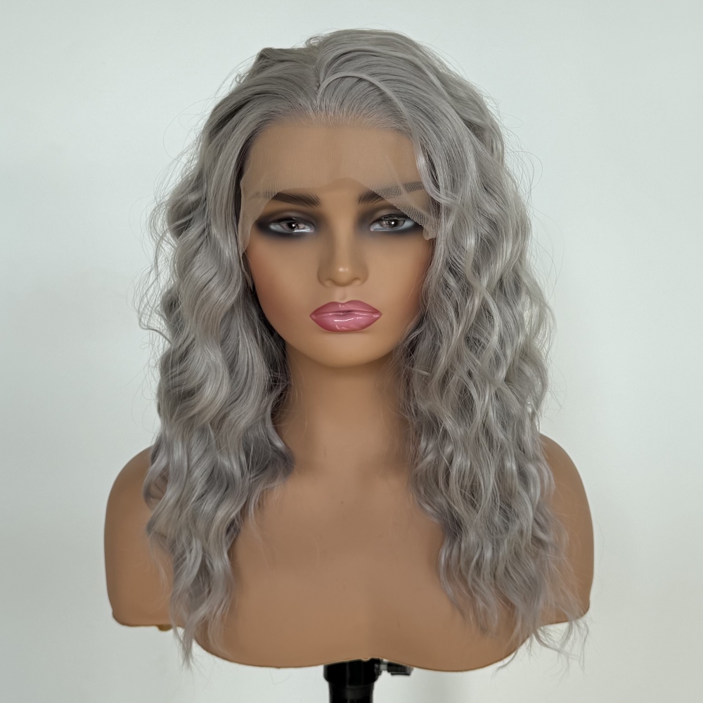 Grey Color Synthetic Wig Natural Curly Transparent Lace Front Wigs