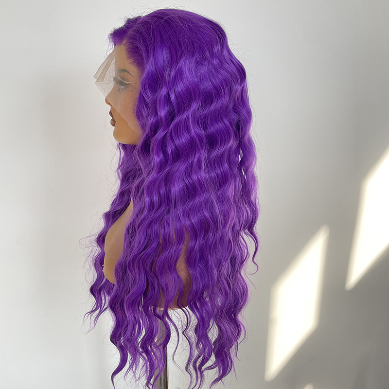 Dark Violet Purple Long Wave Synthetic Lace Wig Heat Resistant Fiber Wig