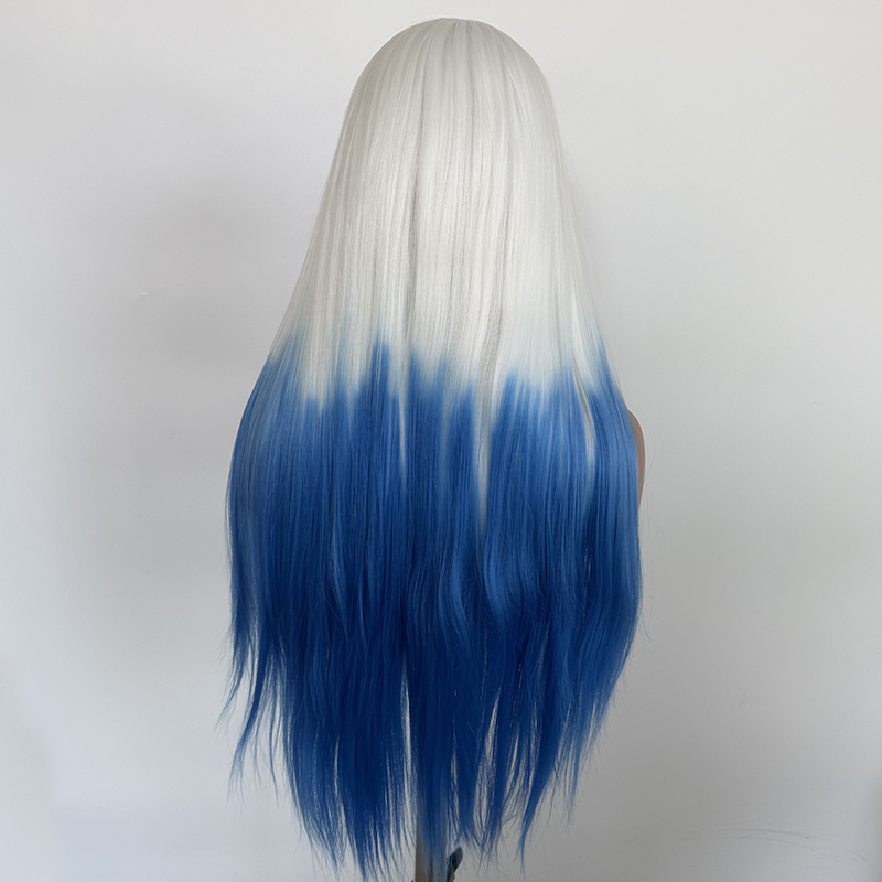 Ombre Blue Lace Front Wigs Pre Plucked Synthetic Lace Hair Wig White To Blue Color 24 Inch Long Synthetic 13x4 Lace Front Wigs For Women