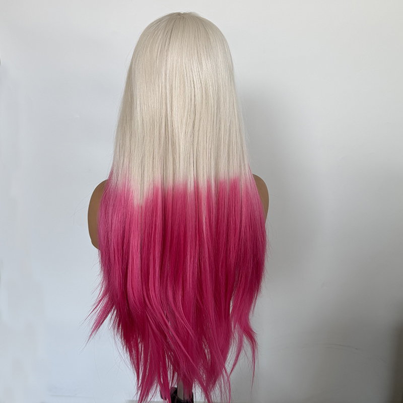 White Ombre Pink Long Wavy Synthetic Fiber 13x4 Lace Front Wig Rose Pink Heat Resistant Fiber Wig