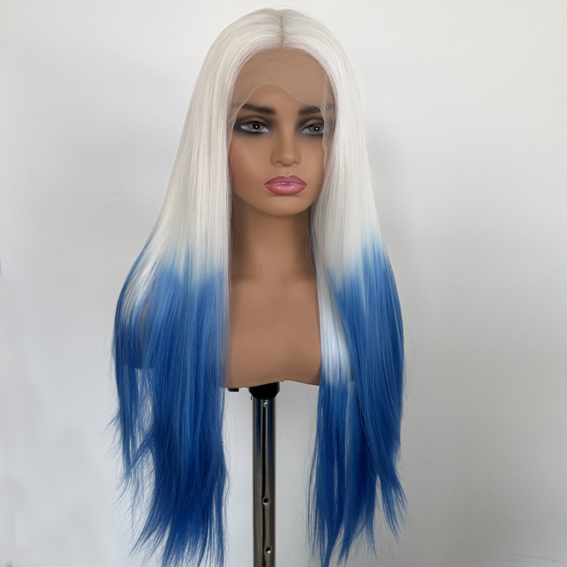 Ombre Blue Lace Front Wigs Pre Plucked Synthetic Lace Hair Wig White To Blue Color 24 Inch Long Synthetic 13x4 Lace Front Wigs For Women