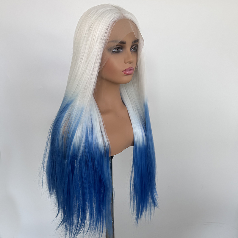 Ombre Blue Lace Front Wigs Pre Plucked Synthetic Lace Hair Wig White To Blue Color 24 Inch Long Synthetic 13x4 Lace Front Wigs For Women
