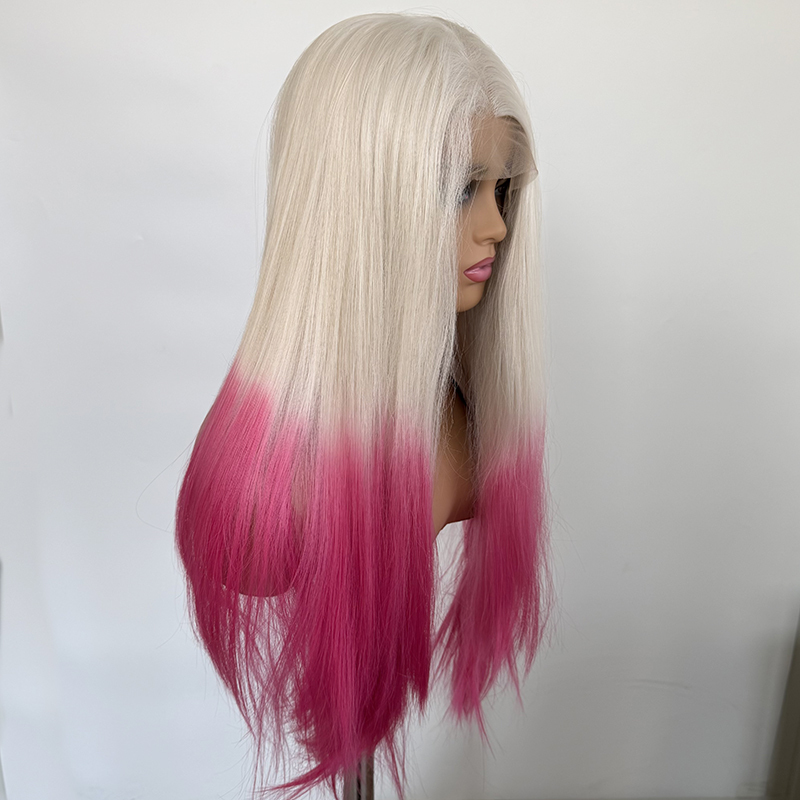 White Ombre Pink Long Wavy Synthetic Fiber 13x4 Lace Front Wig Rose Pink Heat Resistant Fiber Wig