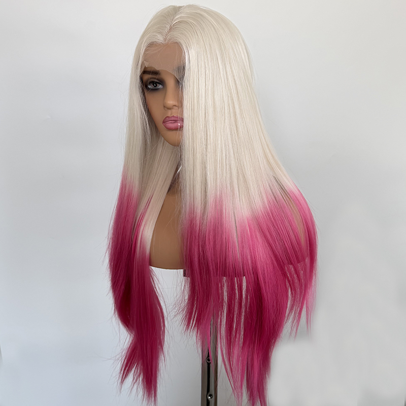 White Ombre Pink Long Wavy Synthetic Fiber 13x4 Lace Front Wig Rose Pink Heat Resistant Fiber Wig