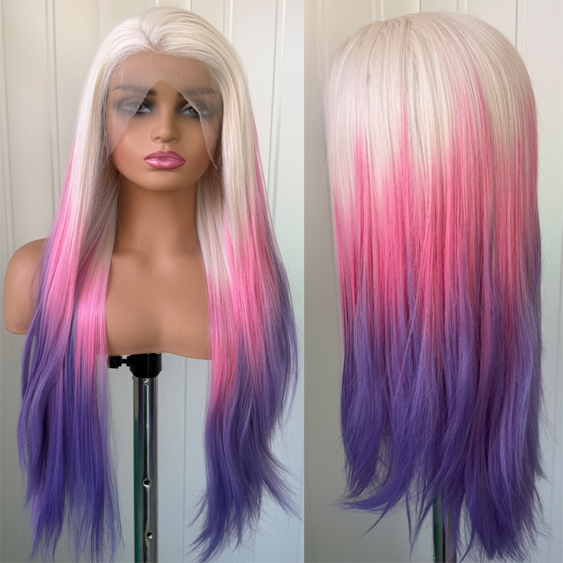 13X4 Ombre Color 24Inch White/Pink/Purple Lace Front Wig Natural Straight Colored Wigs Pre Plucked Natural Hairline Wigs