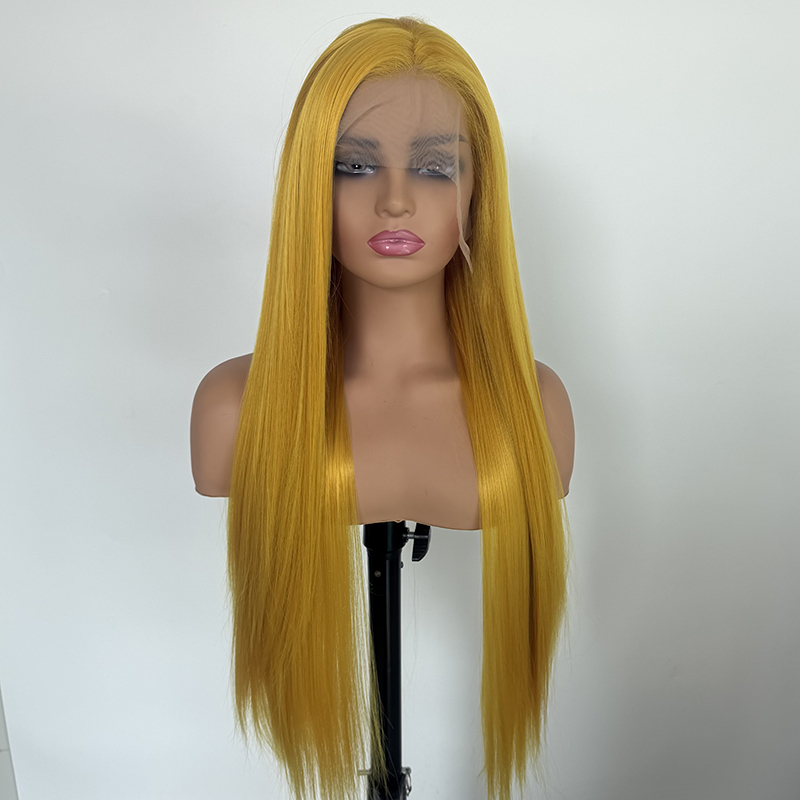 26" Silk Straight 13x4 Lace Wig Synthetic Colorful Cosplay Yellow Wig Heat Resistant Fiber Wig