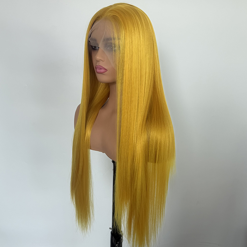 26" Silk Straight 13x4 Lace Wig Synthetic Colorful Cosplay Yellow Wig Heat Resistant Fiber Wig