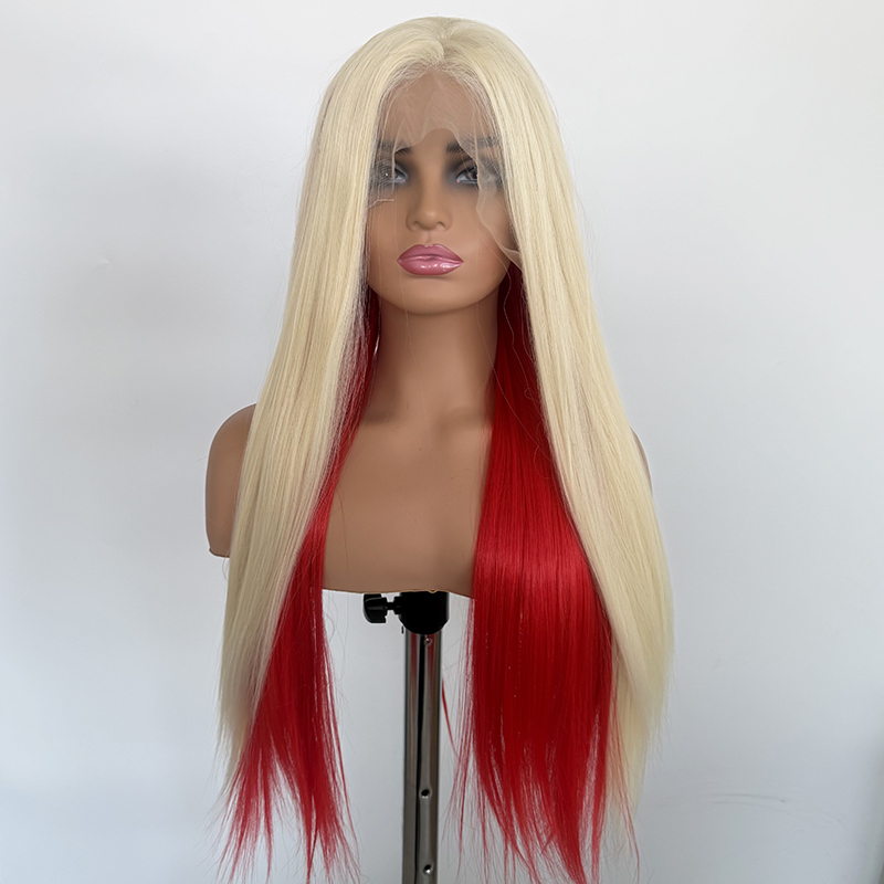 Red Wig Honey Blonde Highlight Lace Front Pre Plucked Synthetic Lace Front Glueless  Wig Blonde Hair In The Front And Red Hair In The Back