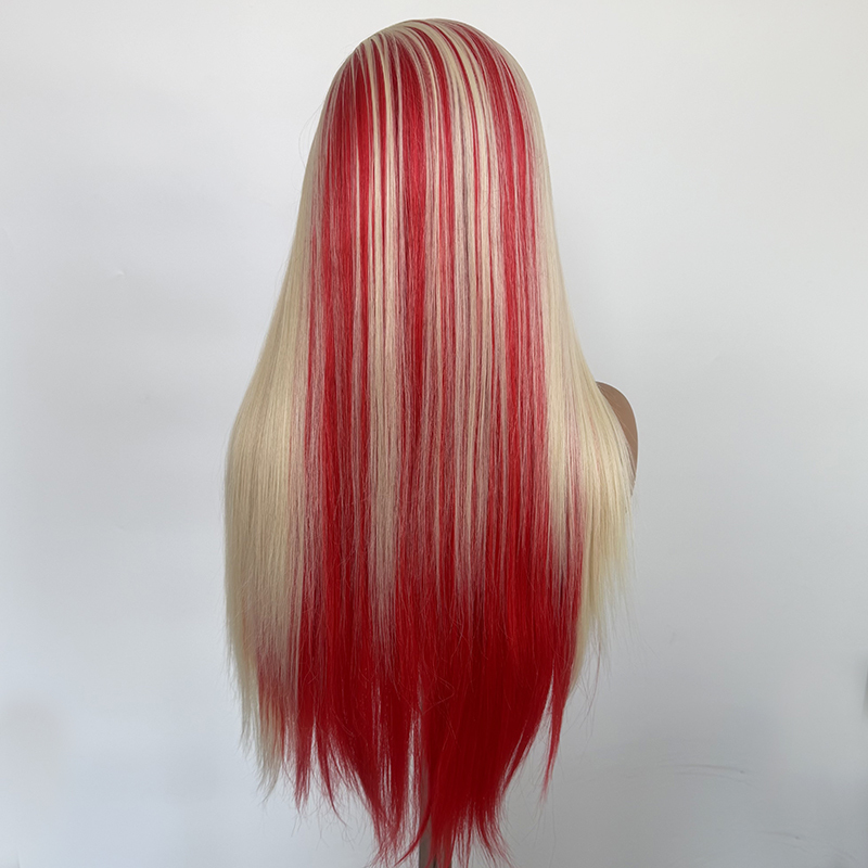 Red Wig Honey Blonde Highlight Lace Front Pre Plucked Synthetic Lace Front Glueless  Wig Blonde Hair In The Front And Red Hair In The Back