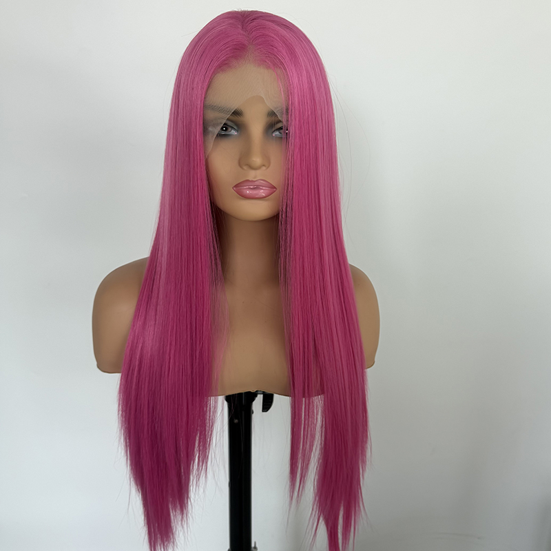 Silk Straight Lace Front Pink Wig 24in Rose Pink Hot Pink Wig Synthetic Hair Heat Resistant Fiber