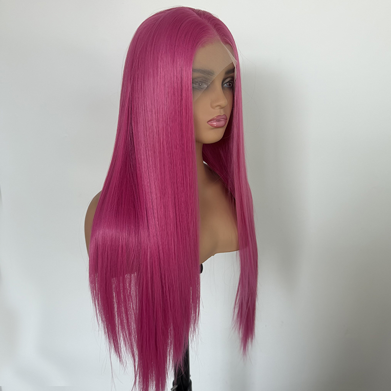 Silk Straight Lace Front Pink Wig 24in Rose Pink Hot Pink Wig Synthetic Hair Heat Resistant Fiber