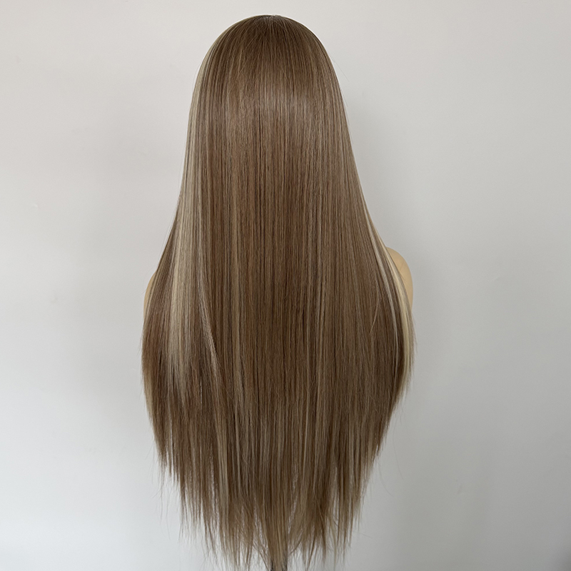 Highlight Brown Silk Straight 13×4 Lace Synthetic Wigs Heat Resistant Fiber Wig