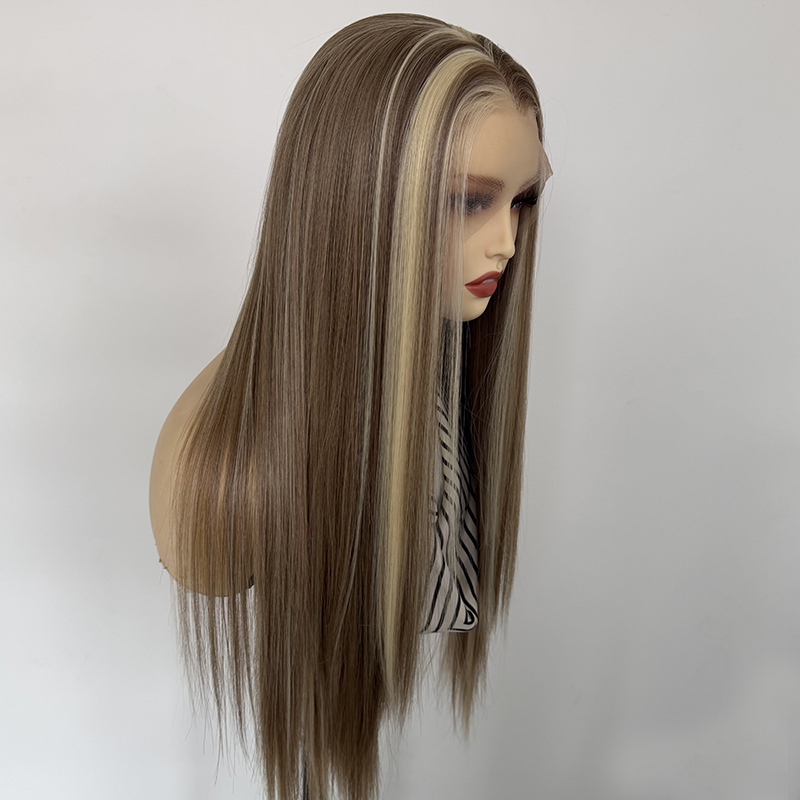 Highlight Brown Silk Straight 13×4 Lace Synthetic Wigs Heat Resistant Fiber Wig