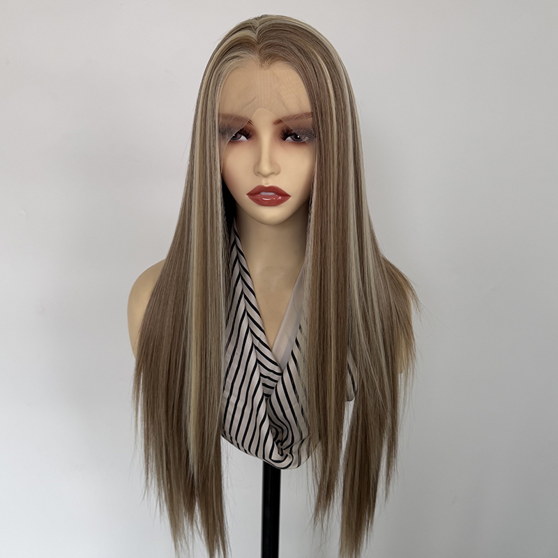 Highlight Brown Silk Straight 13×4 Lace Synthetic Wigs Heat Resistant Fiber Wig