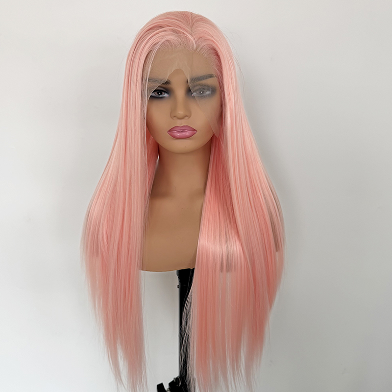 26" Silk Straight 13x4 Lace Wig Synthetic Colorful Cosplay Light Pink Wig Heat Resistant Fiber Wig